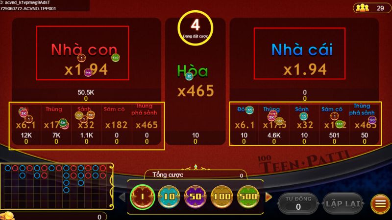 tỷ lệ thưởng game bài Teen Patti